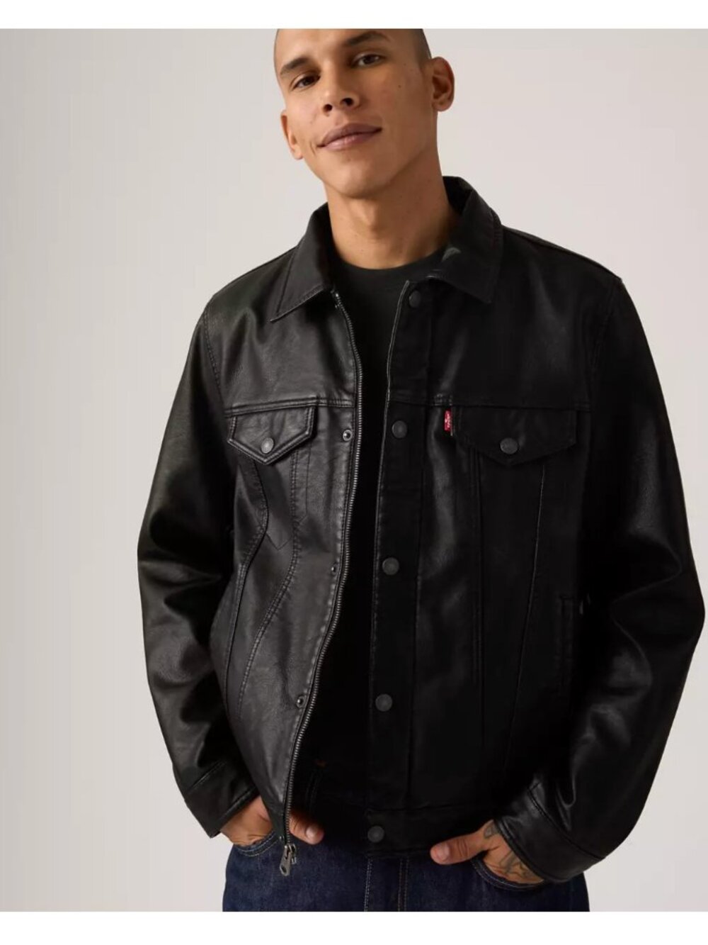 New Levi's Men's M Faux Leather Trucker Type III Jacket Black w Chambray Lining